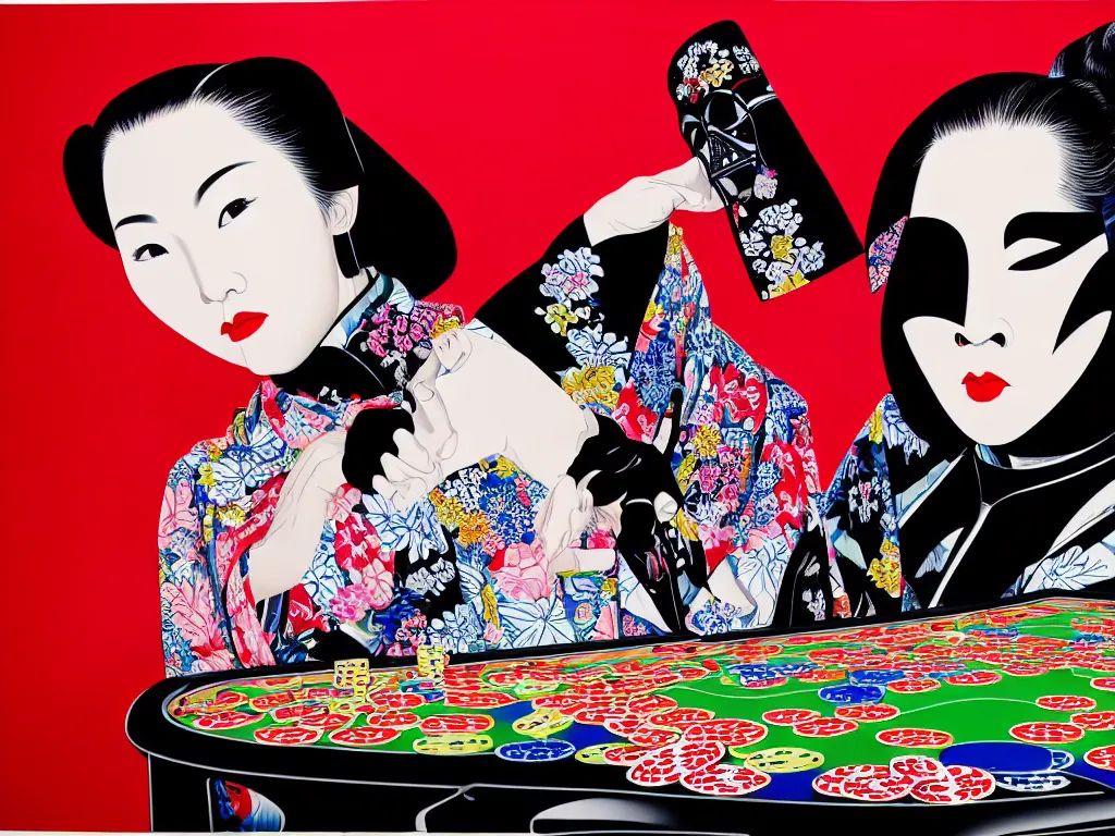 Image similar to hyperrealism composition of the detailed woman in a japanese kimono sitting at an extremely detailed poker table with darth vader, fireworks and folding screen on the background, pop - art style, jacky tsai style, andy warhol style, acrylic on canvas