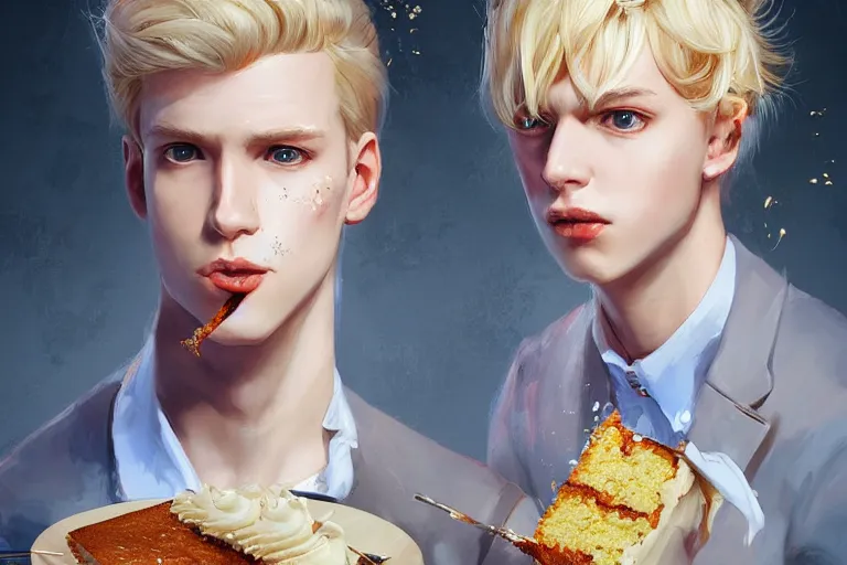 Image similar to Portrait of a Delicate blond male prince Lucius eating the most delicious cake in the world, 4k digital illustration by Artgerm, wlop, James Jean, Andrei Riabovitchev, Marc Simonetti, yoshitaka Amano, Artstation, CGsociety