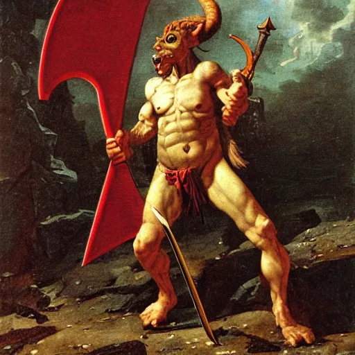 Image similar to dog - faced muscular goblin, ugly face, lizard tail, holding scimitar made of bone, scimitar, sword, jagged sword, curved sword, orkish sword, gray skin, red sky, hyper - detailed, primeval fantasy, prehistoric fantasy, art by jacques - louis david