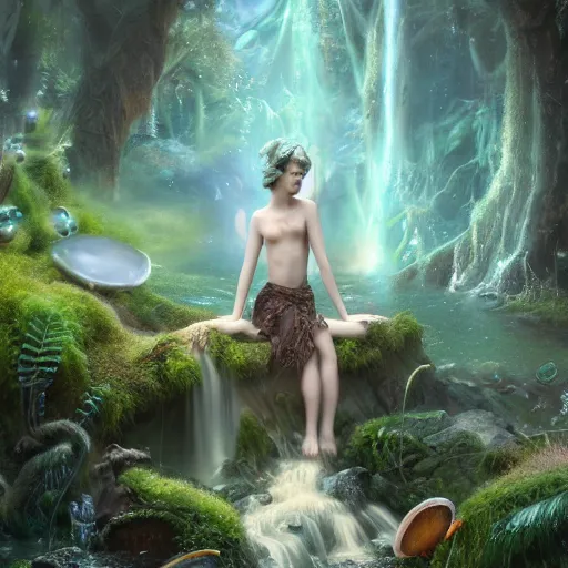 Prompt: tom bagshaw, fairies, soft painting render curiosities carnival pond river vegetation rocks bugs wildlife mushrooms covered moss bioluminescent wisps, beautiful stunning waterfall, accurate features, focus, very intricate ultrafine details, random volumetric lighting, fog, award winning masterpiece, octane render 8 k hd, artstation