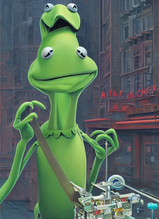 Prompt: portrait of Kermit the frog robot, detailed, coherent, painted by Edward Hopper, Wayne Barlowe, James Gilleard, airbrush, art by James Jean