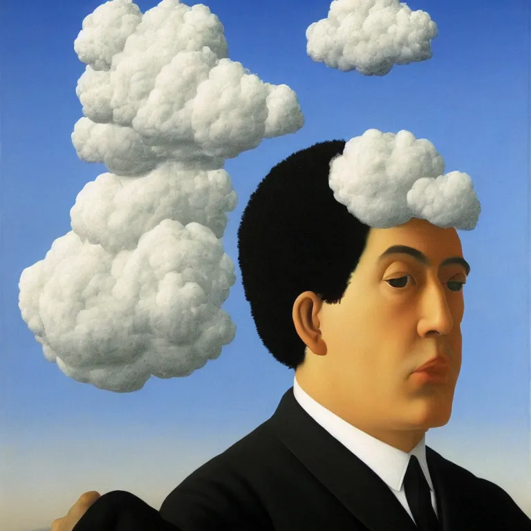 Prompt: portrait of a cloud man, by rene magritte, detailed painting, hd, hq, high resolution, high detail, 4 k, 8 k