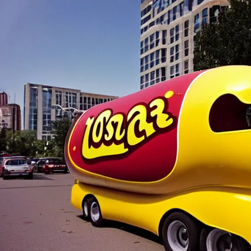 Image similar to very weird, very wrong concept of the Oscar Mayer Wienermobile on the street, photograph