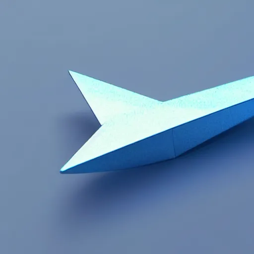 Image similar to icon of paper plane in light blue metallic iridescent material, 3D render isometric perspective on dark background