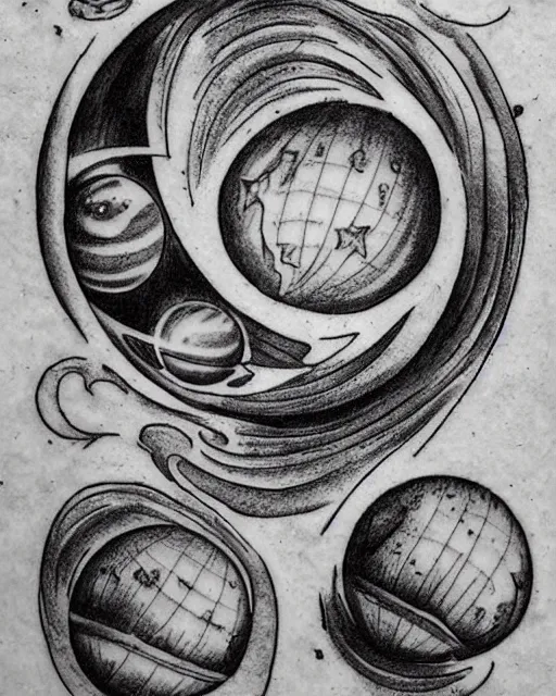 Image similar to planets on the top of a broken renaissance head statue, realism tattoo design, in the style of rob richardson