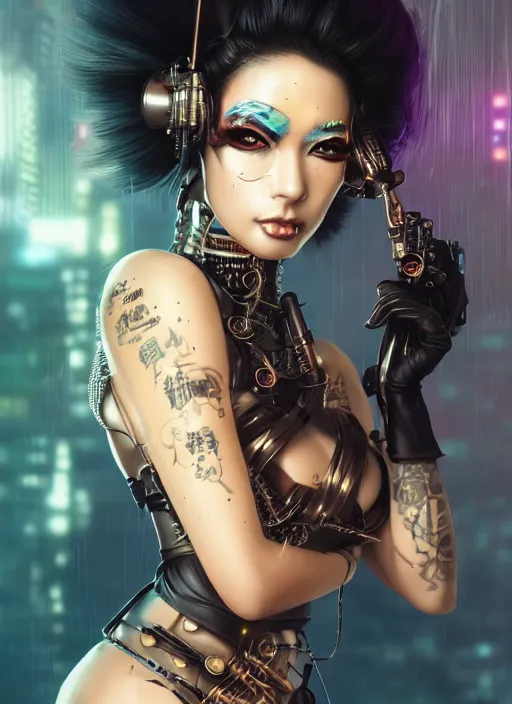 Image similar to soft lustrous ebony geisha seductive raver gutter punk steampunk cyborg, yakuza, golden ratio, details, scifi, fantasy, cyberpunk city, intricate, decadent, highly detailed, octane render, digital painting, artstation, concept art, sharp focus, illustration, art by artgerm, loish, wlop