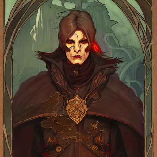 Image similar to a portrait of a male warlock, medium level shot , epic scene, Mucha style , Grim fantasy, illustration ,concept art,