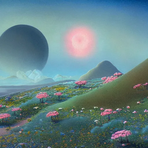 Image similar to a landscape on the moon with many craters, barren moon landscape, in a big crater at the center there is a beautiful flowering garden, 8 k, lowbrow in the style of martin johnson heade and daniel merriam and roger dean,