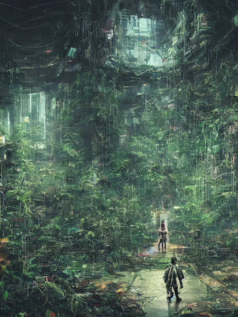 Prompt: portrait of a lonely stranger, lost in a hall of a cyberpunk megacomplex overgrown by strange plants; hyperrealistic, 4K wallpaper, highly detailed and beautiful, glitchpunk