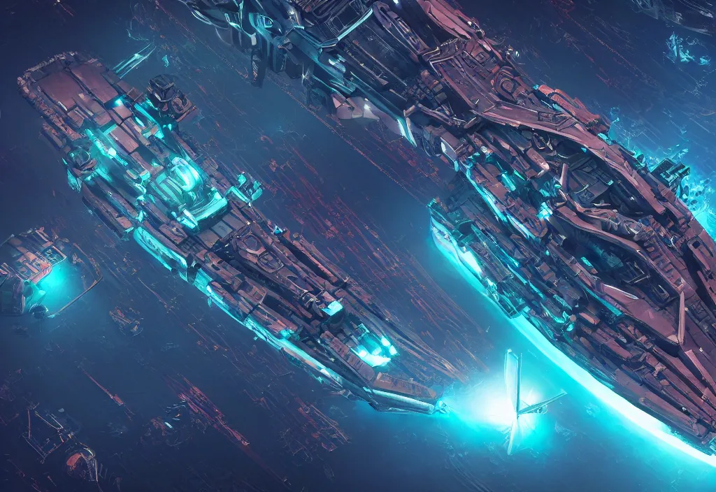 Image similar to a physical based rendering hyper detailed of a single huge mega space warship with glowing engraved neon and floating in front of cybertron planet, level structure, mechanical, electron flow, aerial view, android, metal, atmospheric lighting, perfect shadow, octane render, in the style of pascal blanche and sparth juan raphael lacoste paul pepera pablo roldan, 8 k hd