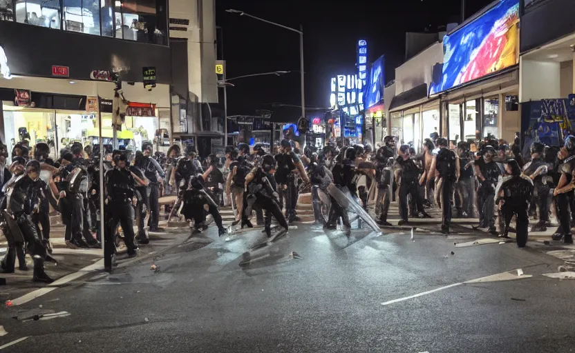 Prompt: crowd of crazy people with placards attacking cops in front of stores in los angeles with light screens all over the street, photorealism, art for the game, professional lighting, night lighting from streetlights, japanese chill photo, concept art