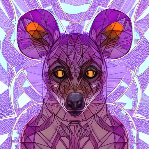 Prompt: Geometric symmetrical purple lemur, sun in the background, intricate, elegant, highly detailed, digital painting, artstation, concept art, smooth, sharp focus, illustration, art by artgerm