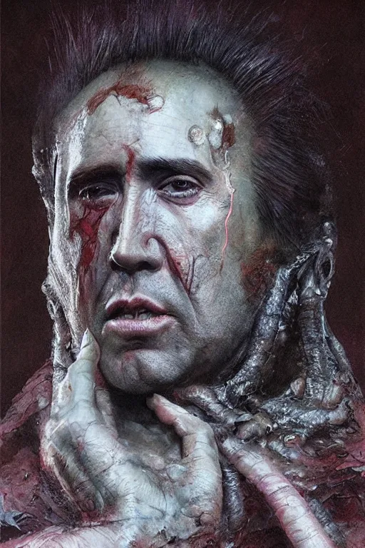 Image similar to Many faces of Nicolas Cage which crawls under the hood of creature, dark fantasy, intricate, smooth, artstation, painted by Wayne Barlowe, Greg Rutkowski, zdislav beksinski, Francis Bacon