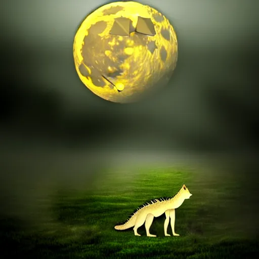 Image similar to Crocodile chimera prowling a fog covered swamp, snout and ears of a wolf, yellowish full moon