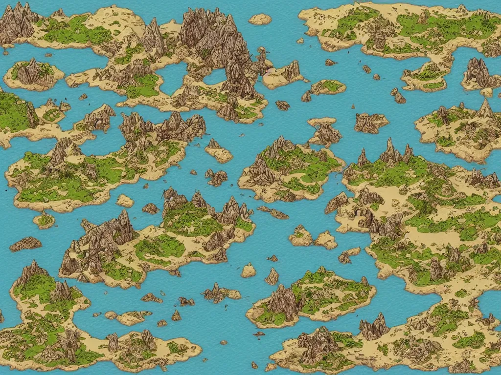 Prompt: an isometric fantasy map of an island, the land of Odrua, uncluttered, bordered by ocean, continent with open plains, deserts, fields, mountains lakes hills and cities, forests, ice caps, rivers, swamps, grasslands, by brian froud by jrr tolkien in the dungeons and dragons and disney styles
