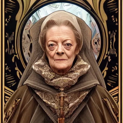 Image similar to amazing lifelike award winning pencil illustration of Maggie smith as reverend mother trending on art station artgerm Greg rutkowski alphonse mucha cinematic