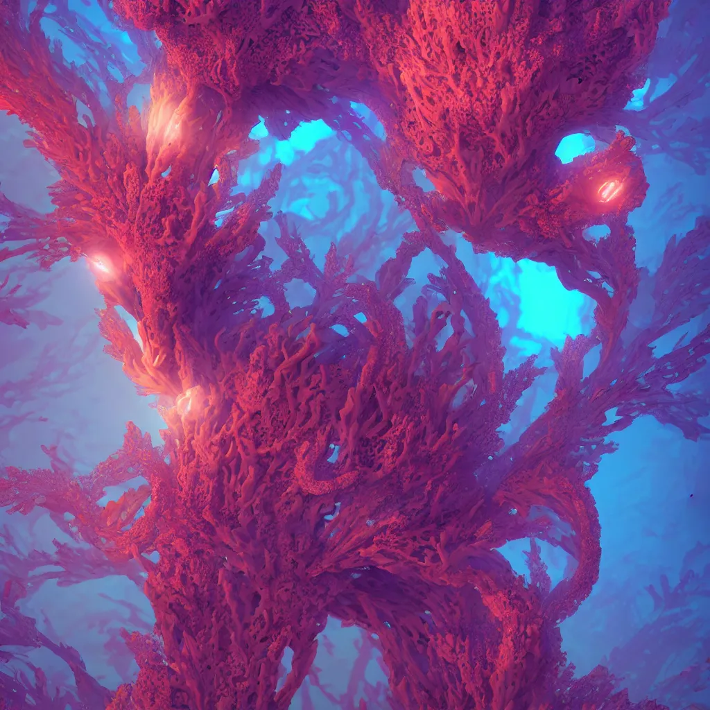 Image similar to Face of a Alien Deity, corals, plume made of fractals, extremly detailed digital painting, in the style of Beeple, mystical colors, rim light, beautiful lighting, 8k, stunning scene, raytracing, octane, trending on artstation