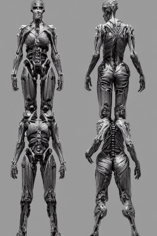 Image similar to a female transformer with gunmetal grey skin, medical anatomy, very symmetrical face, highly detailed, three - perspective / three - view reference sheet ( front / back / side ), in the style of vitaly bulgarov, steven jung, matt tkocz, amanda lilleston, hr giger, mecha, artstation, unreal engine