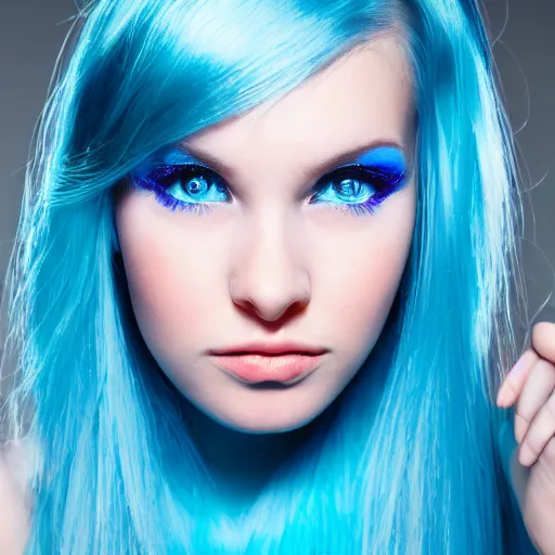 Image similar to portrait of a beautiful girl, blue hair, blue eyes, perfect face, studio portrait