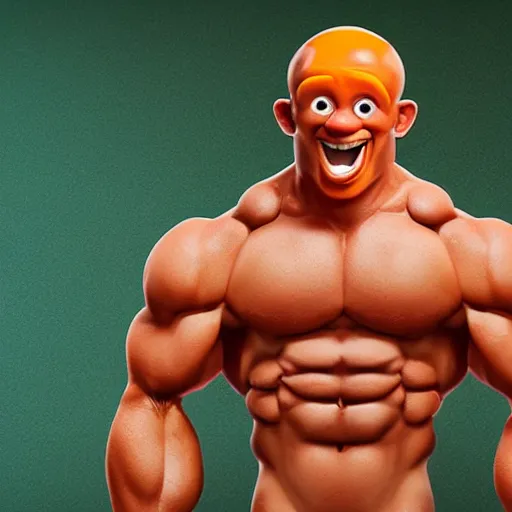 Prompt: extremely muscular man with peeled orange as head, and crayon painted face, excessively grinning, wide eyed, hyperrealistic, unreal engine, claymation