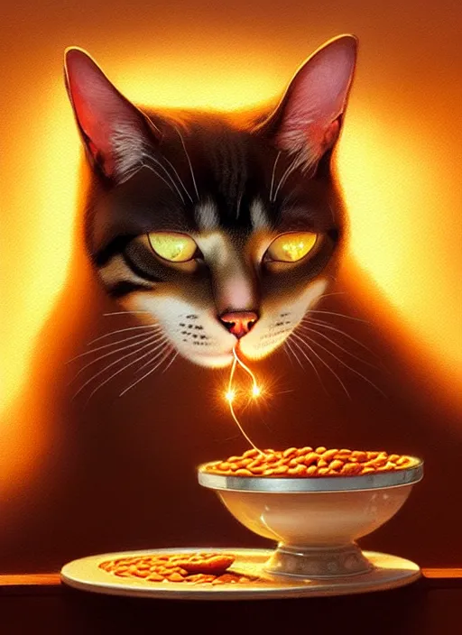 Prompt: portrait of a confused cat eating baked beans, intricate, elegant, glowing lights, highly detailed, digital painting, artstation, concept art, smooth, sharp focus, illustration, art by wlop, mars ravelo and greg rutkowski