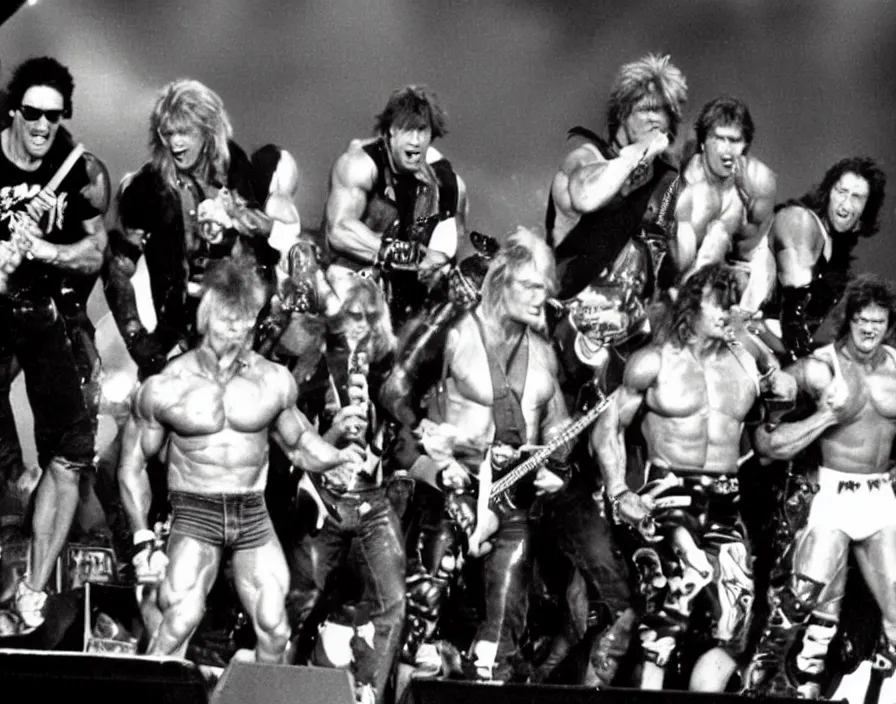 Image similar to colour photo off arnold schwarzenegger, sylvester stallone, dolph lundgren, Chuck Norris and Jean-Claude Van Damme in a heavy metal band, playing guitars, drums, on stage at monsters of rock 1985