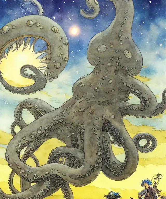 Image similar to a hyperrealist studio ghibli watercolor fantasy concept art. in the foreground is a giant grey octopus lifting and putting stones in to place on top of stonehenge with a starry sky. by rebecca guay, michael kaluta, charles vess