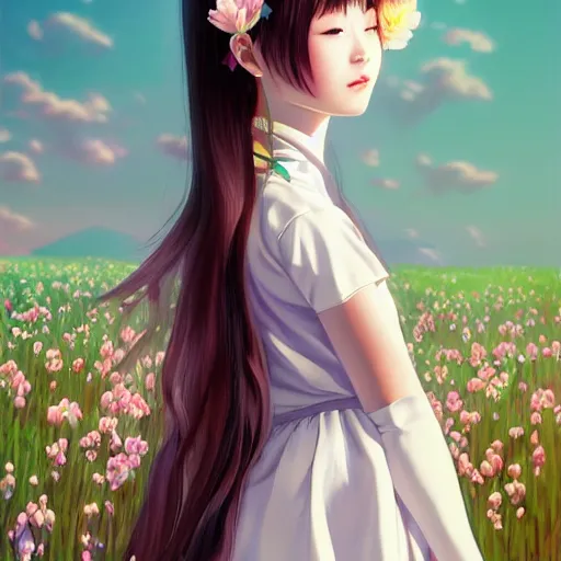 Image similar to little chinese girl with flowers in hair wearing an white dress. art by ilya kuvshinov, profile picture, inspired in hirohiko araki, realistic, highly detailed, 8 0 s anime art style