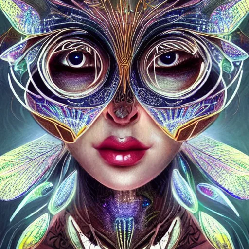Prompt: closeup portrait of a beautiful art deco faerie queen, glowing eyes, moth wings with geometric patterns, reflective detailed textures, highly detailed dark fantasy science fiction painting, elaborate geometric ornament, ancient runes, silver and cool colors, extremely detailed, photorealistic, artstation