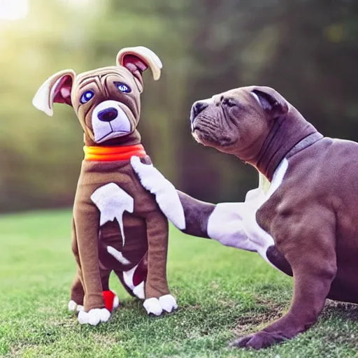 Image similar to pitbull boxer mix with brindle coat and white paws and white chest playing with a dinosaur plushie. photo. realistic. hyper realistic. outside photography. sunny day.