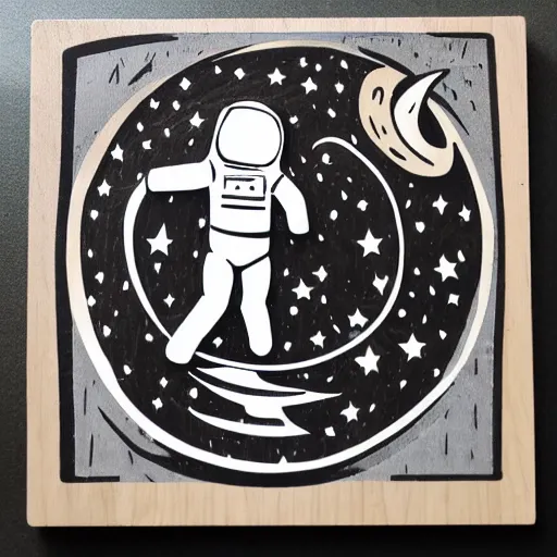 Prompt: wood cut of astronaut in space