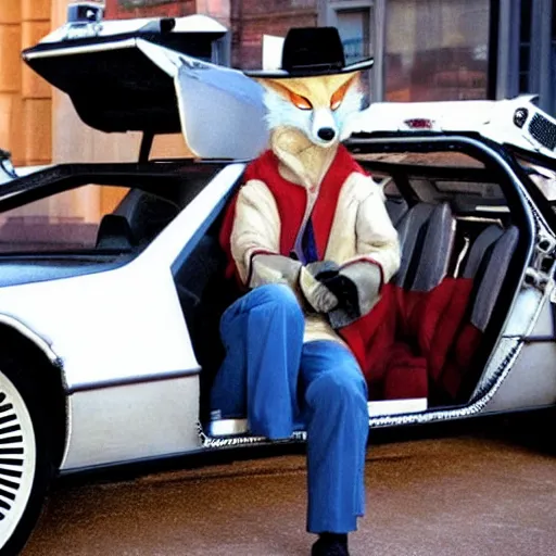 Prompt: a man dressed as a fox, detailed face, in a delorean from the movie back to the future