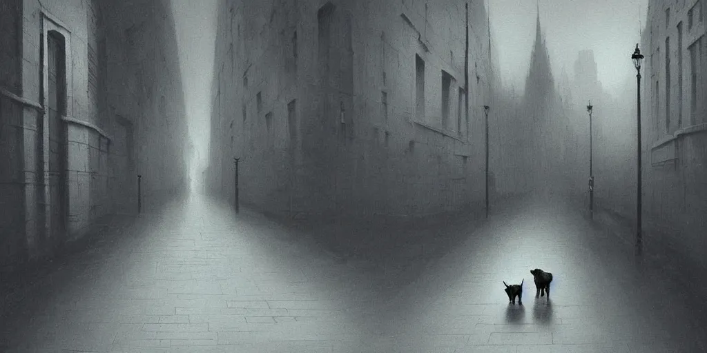 Image similar to painting of a dog and it's lifeless owner wandering the streets of london, half the painting is glitched, by zdzislaw beksinski, by dariusz zawadzki, by wayne barlowe, gothic, surrealism, cold hue's, warm tone gradient background, concept art, focused scene, medium shot, beautiful composition