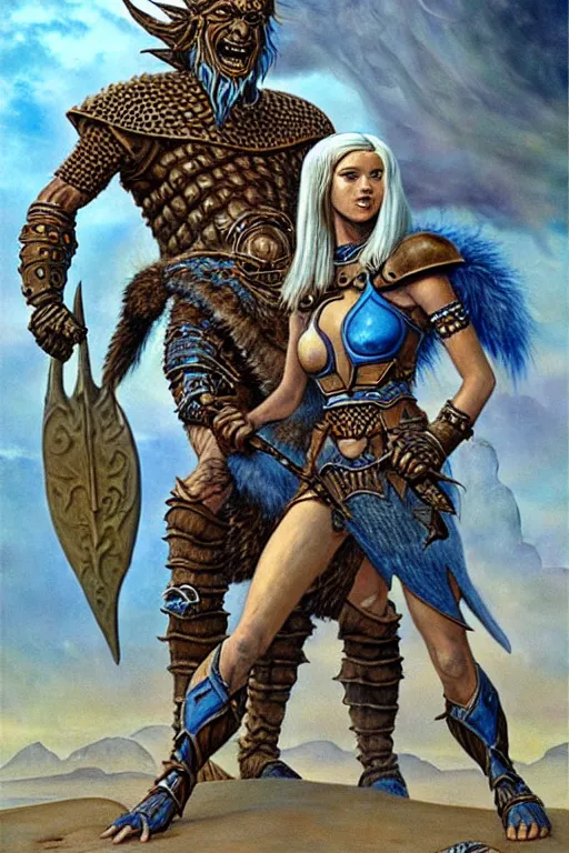 Prompt: a small blue-skinned triton girl wearing scale armor riding on a the shoulders of a large male goliath wearing fur and leather armor, dnd concept art, painting by Clyde Caldwell