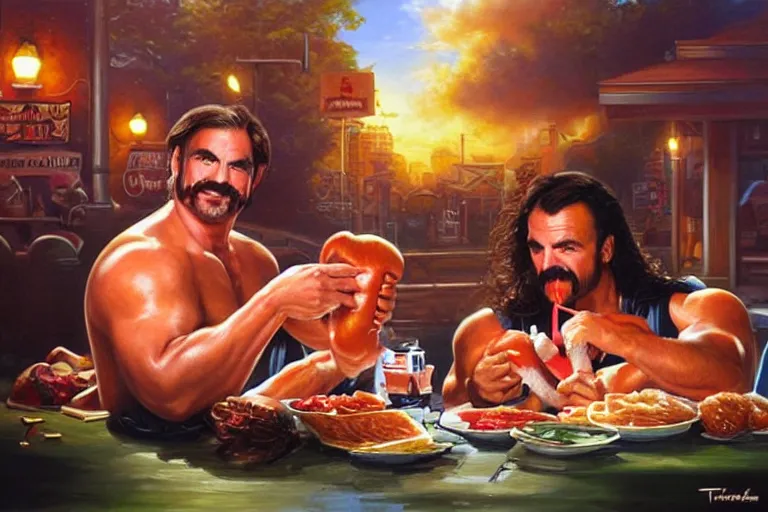 Image similar to portrait of wwf rick rude and wwf jake roberts sharing hotdogs, an oil painting by ross tran and thomas kincade