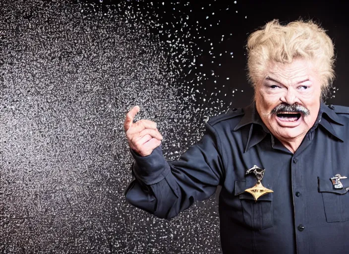 Image similar to photo still of rip taylor at a car accident scene!!!!!!!! at age 5 4 years old 5 4 years of age!!!!!!! throwing confetti from a bucket, 8 k, 8 5 mm f 1. 8, studio lighting, rim light, right side key light