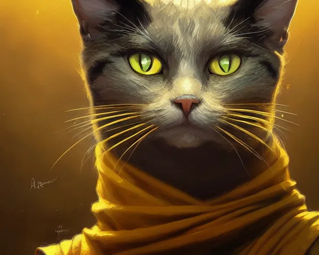 Prompt: a mind - blowing portrait of a cat wizard, yellow wizard hat, deep focus, d & d, fantasy, intricate, elegant, highly detailed, digital painting, artstation, concept art, matte, sharp, illustration, hearthstone, art by artgerm and greg rutkowski and alphonse mucha