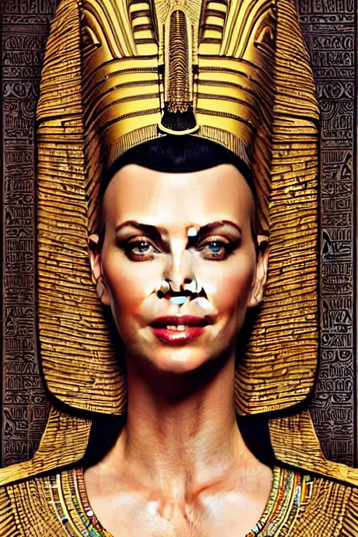 Image similar to Portrait of Charlize Theron as Cleopatra, intricate art deco leaf designs, elegant, highly detailed egyptian patterns, hieroglyph, sharp focus, art by Artgerm and beeple