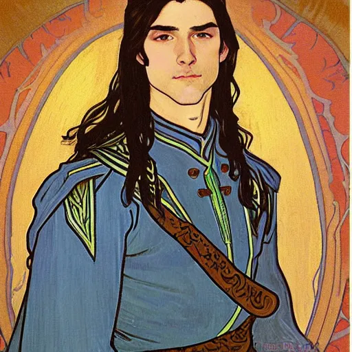 Image similar to portrait painting of young handsome beautiful paladin elf!! man with long! wavy dark hair in his 2 0 s named taehyung minjun adam at the blueberry party, wearing armor!, long hair, elf ears, blue eyes, blueeyes!, elegant, delicate, soft facial features, art, art by alphonse mucha, vincent van gogh, egon schiele,