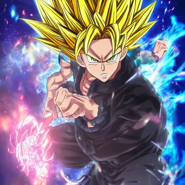 Image similar to handsome anime man goes super saiyan in the style of jojo's bizarre adventure, ultrafine hyperrealistic detailed face illustration by kim jung gi, irakli nadar, intricate linework, sharp focus, bright colors, matte, octopath traveler, final fantasy, unreal engine highly rendered, global illumination, radiant light, intricate rainbow environment