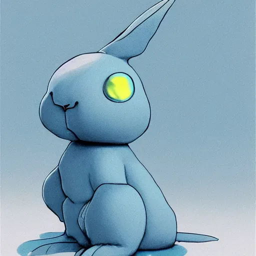 Image similar to artstation, by hayao myazaki, concept art, digital art, light blue, 2 - dimensional, 2 d, a rabbit robot