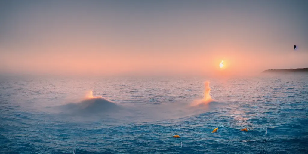 Prompt: a great photograph of the most amazing golf hole in the world under water, fish everywhere, perfect light, ambient light, 5 0 mm, golf digest, top 1 0 0, fog