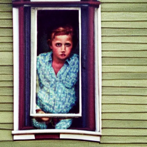 Image similar to zoomed cropped closeup of unexpected voyeuristic eye contact with neighbor in window, technicolor, telephoto lens, vintage photograph