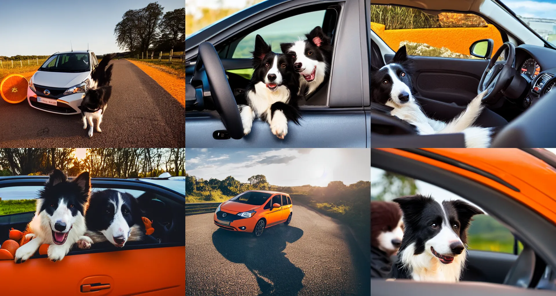 Prompt: border collie dog in the driver's seat of an orange nissan note, paws on wheel, car moving fast, rally driving photo, award winning photo, golden hour,