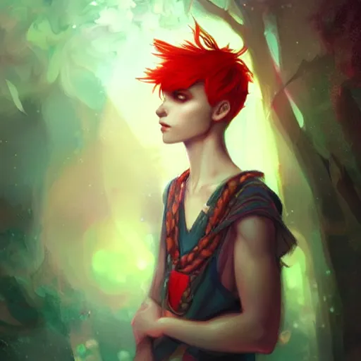 Prompt: colorful and Festive Captivating Fairy teenager boy with red hair, atmospheric lighting, painted, intricate, highly detailed by Charlie Bowater