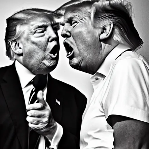 Prompt: Trump yelling at Trump, b&w photograph,