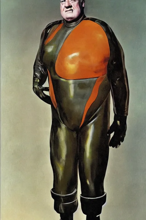 Prompt: full body portrait of actor kenneth mcmillan as baron harkonnen wearing leather spacesuit in dune, colour painting by normal rockwell and phil hale