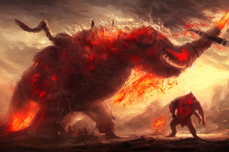 Prompt: concept art of attacking of huge red burning ogre with one horn on its head, cinematic, dramatic perspective art station trending, by arthur braginsky