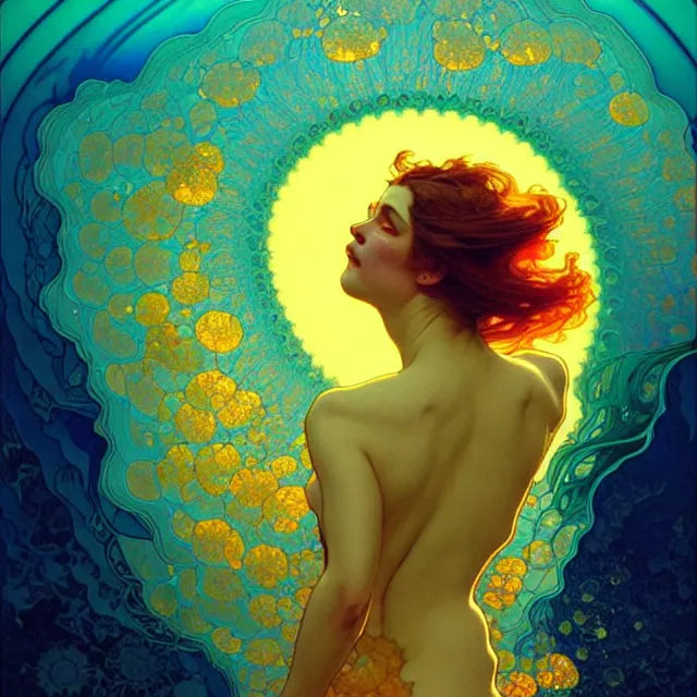 Prompt: mind bending indigo ocean waves of glossy psychedelic liquid honey drops flowing like kaleidoscopic translucent amber, lsd waves ripples, crystal clear, backlit, sunset, refracted lighting, art by collier, albert aublet, krenz cushart, artem demura, alphonse mucha