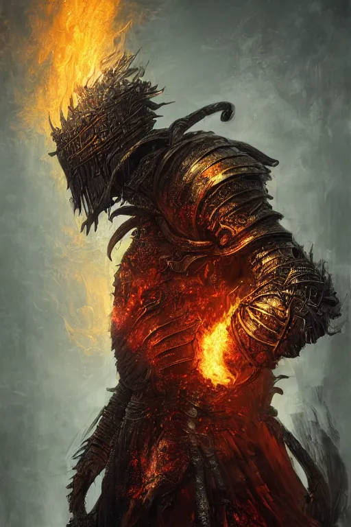 Prompt: portrait of a God made of fire, Dark Souls 3 themed, in style of Ruan Jia, insanely detailed and intricate, golden ratio, elegant, ornate, luxury, elite, matte painting, cinematic, cgsociety, James jean, Brian froud, ross tran, Laputa